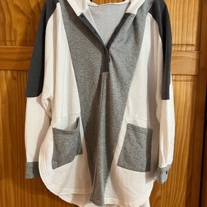 Gray and White Hooded Pullover with Front Pockets